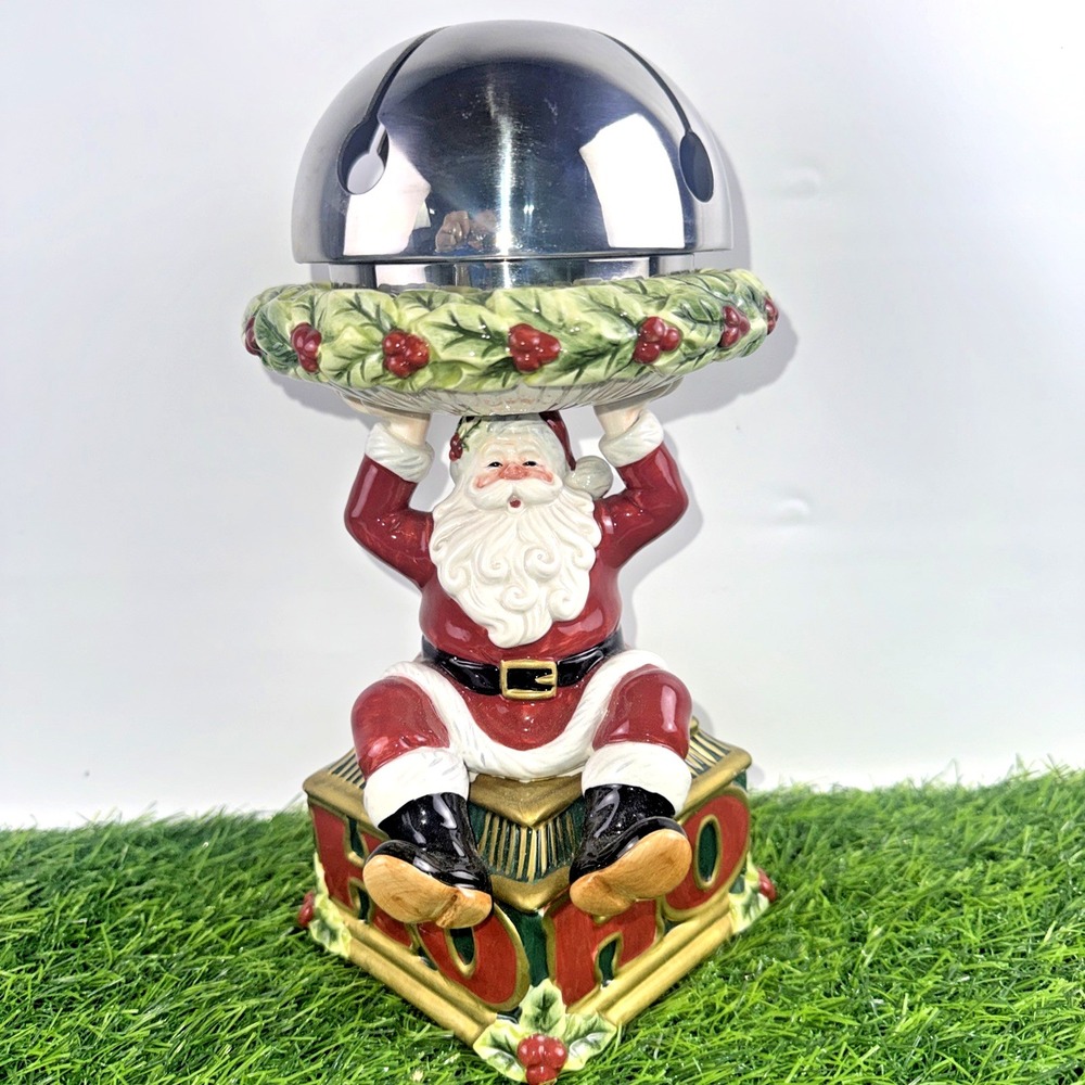 RARE Fitz & Floyd Ho Ho Ho Santa Candle Holder Warming Dome Christmas Decor